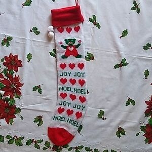 Vintage knitted Christmas Stocking Joy Teddy Bear & Hearts